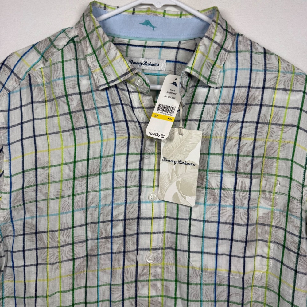 Tommy Bahama Tulum Terrace Mens M Linen Blend Plaid Leaf Print Shirt $135 NWT